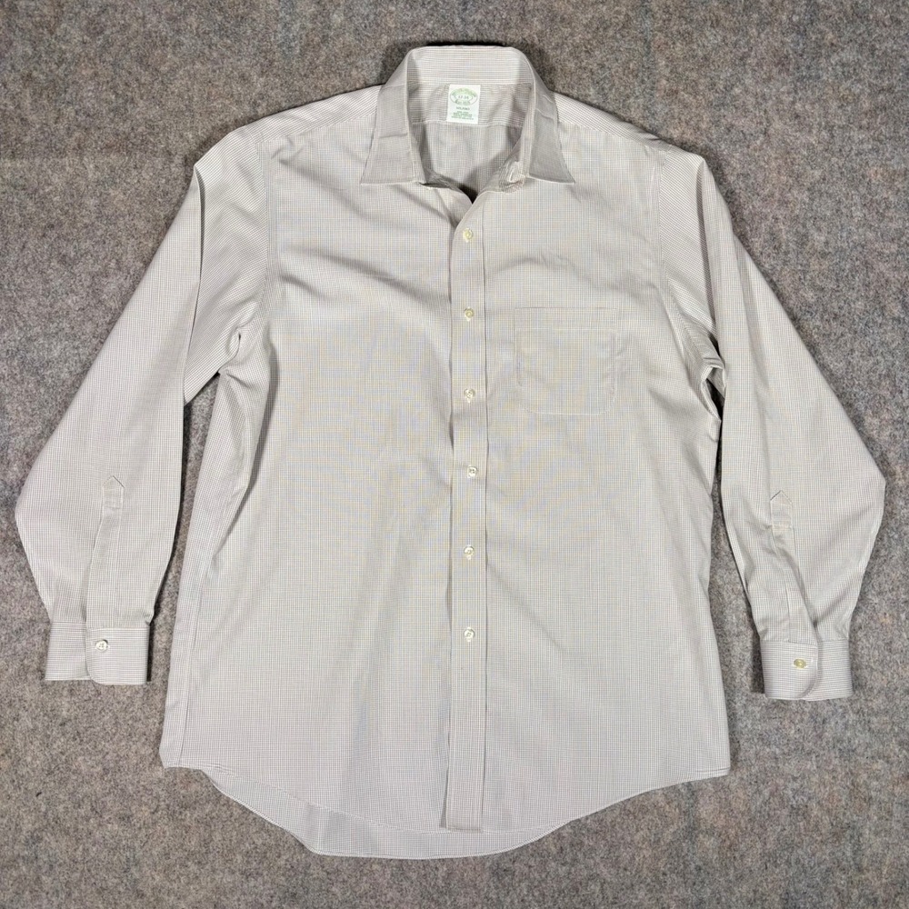 Brooks Brothers Dress Shirt Mens 17-34 Tan Milano Non-Iron Supima Cotton Check